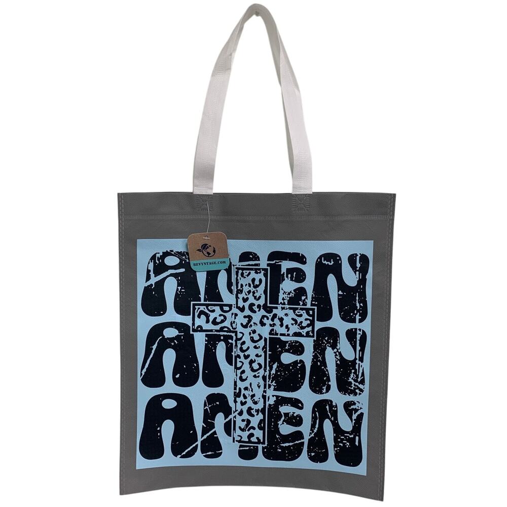 New Upcycled Hand Printed Amen Amen Amen Jesus God Cross Shopper Tote Bag